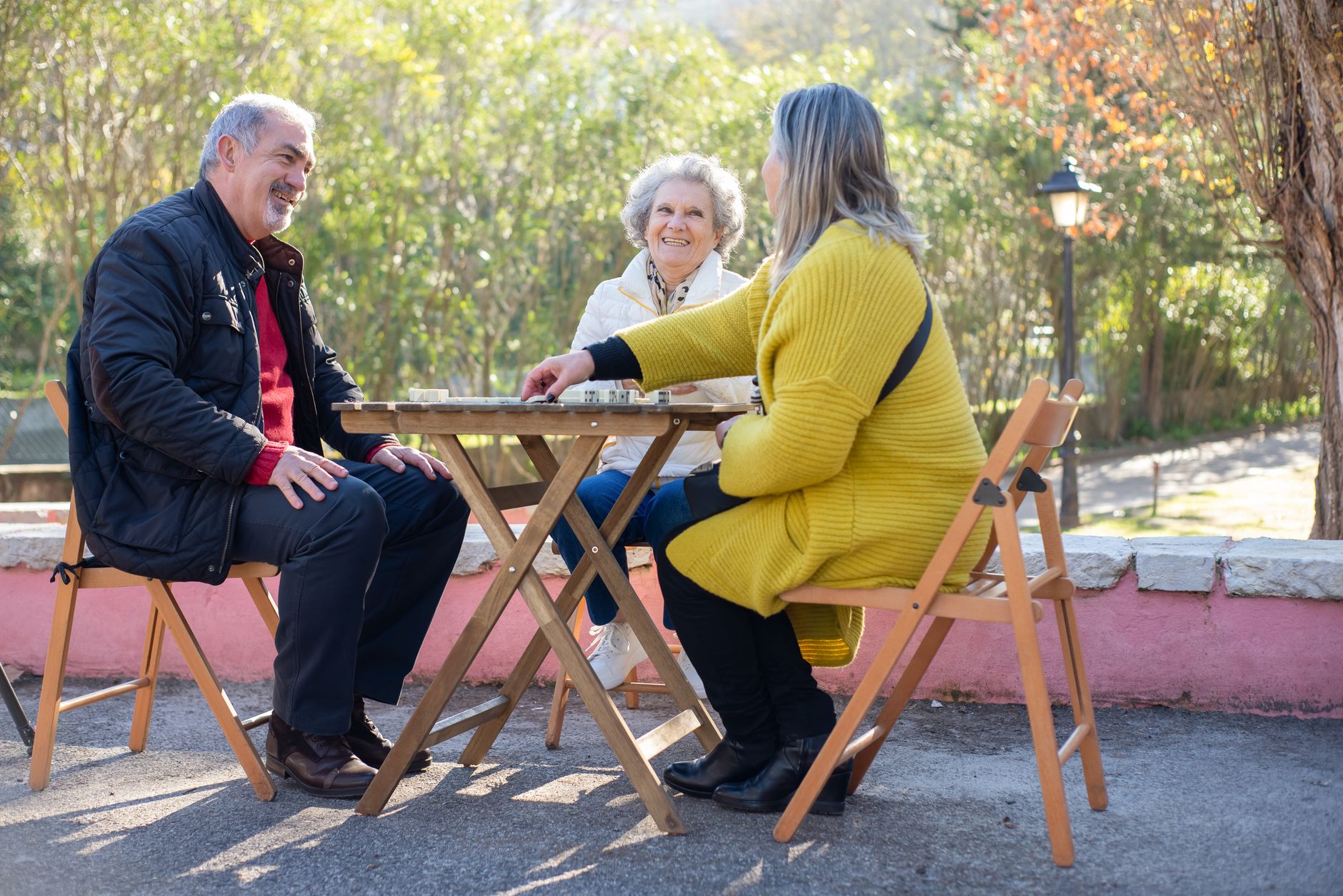 A group of adults enjoying a board game together outdoors in a sunny park setting.