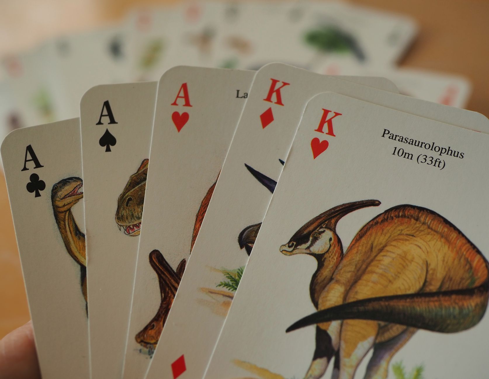 Close-up of dinosaur-themed playing cards featuring aces and kings in a poker hand.