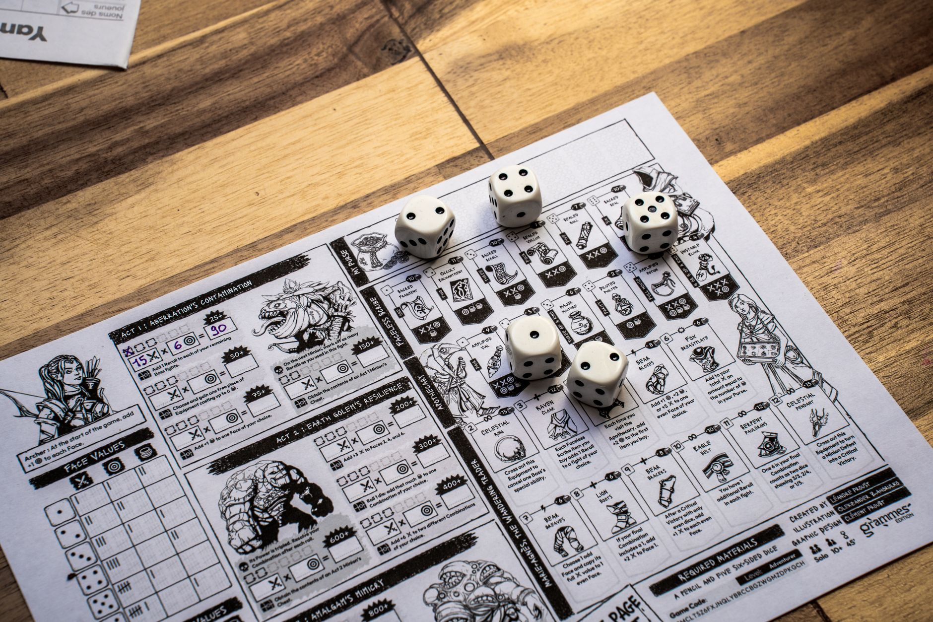 Top view of a role-playing game sheet with dice on a wooden table.